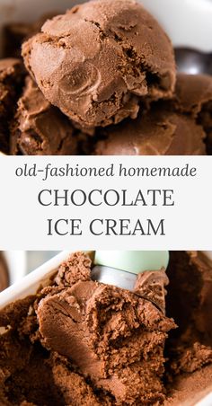 scoops of old-fashioned homemade chocolate ice cream, green scoop scooping chocolate ice cream