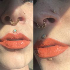 two pictures of the same woman's lips with different piercings on their nose