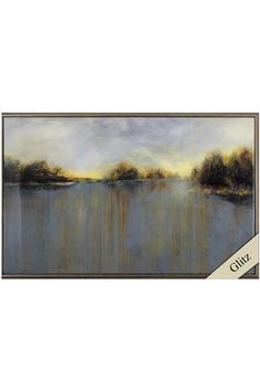 an oil painting of a lake with trees in the distance