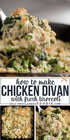 chicken and broccoli casserole in a pan with text overlay that reads how to make chicken divan with fresh broccoli