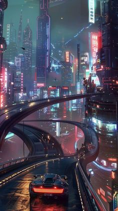 a futuristic city at night with cars driving on the road and skyscrapers in the background