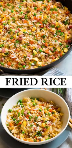 fried rice in a bowl with chopsticks next to it and another side dish