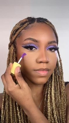 Makeup For Sza Concert, Euphoria Makeup Dark Skin, Purple Eye Makeup With Rhinestones, Colorful Makeup Looks For Brown Eyes, New Makeup Looks 2023, Mardi Gras Makeup Black Women, 80s Makeup Black Women, Purple Eyeshadow Looks Black Women