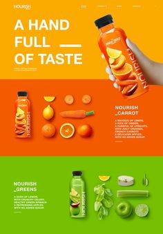 an orange and green juice advertisement with the words, a hand full - of taste