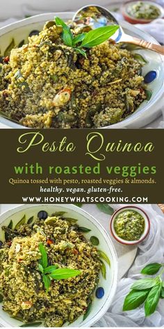 pesto quinoa with roasted veggies in a white bowl on a table