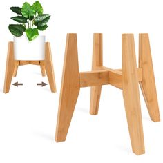 a wooden stool with a potted plant on top and an arrow pointing to the bottom