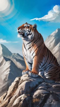 a painting of a tiger sitting on top of a mountain