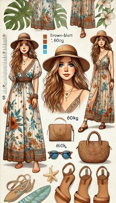 a woman's clothing and accessories are shown in this graphic style, including hats, sunglasses