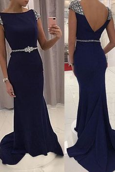 Navy Prom Dress Long, Cap Sleeve Prom Dress, Gown Mermaid, Evening Dress Beaded, Backless Evening Gowns, Navy Prom Dresses, Graduation Party Dresses, Mermaid Prom Dress, Prom Dresses For Teens