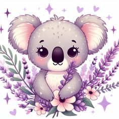 a cute koala bear sitting on top of some purple flowers and lavender sprigs