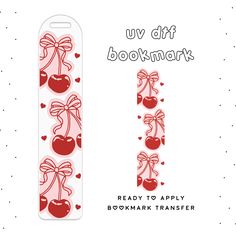 a bookmark with hearts and bows on it, in the shape of an i