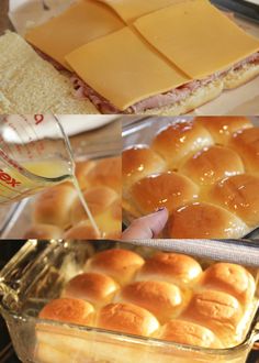 there are pictures of different types of breads and rolls in the oven with cheese being poured on them