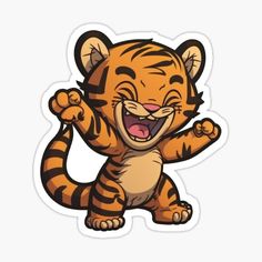 a tiger sticker with its mouth open and it's paw in the air