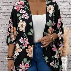 Shein Plus Floral Kimono Size-0xl Brand New, Never Worn. Floral Print Kimono, Black Boho, Plus Size Coats, Floral Kimono, Fabric Floral, Shein Tops, Summer Floral, Lantern Sleeves, Casual Shoes Women