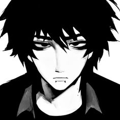 an anime character with black hair and dark eyes looking at the camera while wearing a black shirt