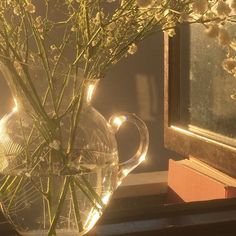 a vase with flowers in it sitting on a window sill