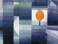 an orange tree in the middle of a blue and purple painting with white squares around it