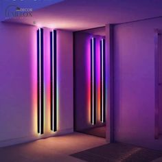 an open door with neon lights in the corner and behind it is a purple light