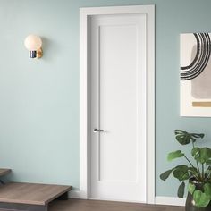 a white door in a blue room with steps leading up to it and a potted plant on the floor