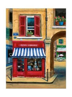 a painting of a store front with red shutters