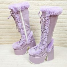 NEW ARRIVALS | Totally Wicked Footwear Pinterest Shop, Demonia Boots, Fluffy Boots, Lace High Heels, Pastel Punk, Purple Boots, Winter Heels, High Top Boots, Knee Boot