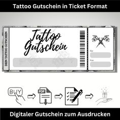 a ticket with the words tattoo gutsch in black and white on it's side