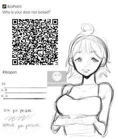 a drawing of a girl with a qr code on her chest and the text, why is your door not locked?