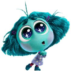 a close up of a stuffed animal with blue hair and big eyes, wearing a purple dress