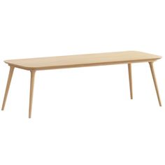 a wooden table with two legs and a long top, on a white background in front of