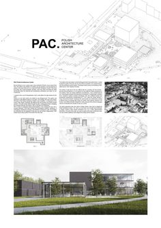 an architectural drawing shows the various sections of a building and its surrounding area, with text describing