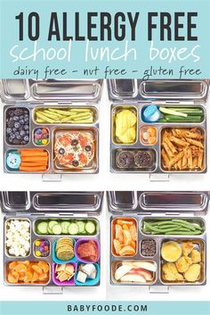 an image of school lunch boxes with the text 10 allergy free school lunch boxes dairy free nut free gluten free