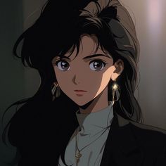 an anime character with long black hair and large earrings on her head, staring at the camera