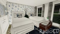 the bedroom is decorated in white and blue colors with stars on the wallpapers