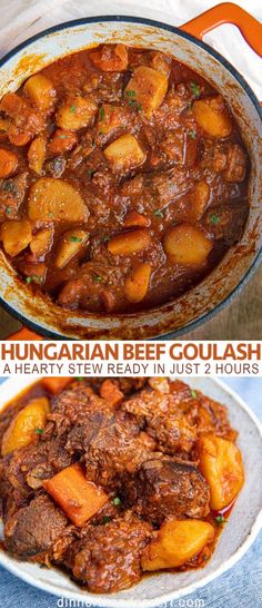 beef goulash with carrots and potatoes in a white bowl