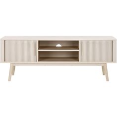 a white entertainment center with an open shelf on one side and two drawers on the other