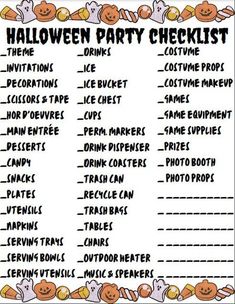 halloween party checklist with pumpkins and ghost faces