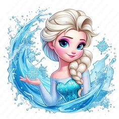 an image of a frozen princess with her hair in a ponytail and blue water splash