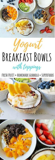 yogurt breakfast bowls with grapes, fresh fruit and homemade granola superfoods