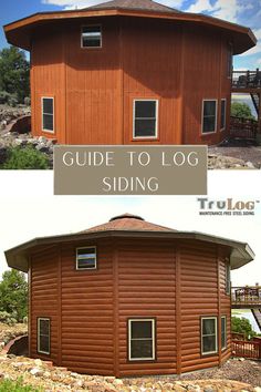 two pictures side by side with the words guide to log siding on top and bottom