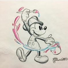 a drawing of a mickey mouse holding a paintbrush and spraying water on it's face