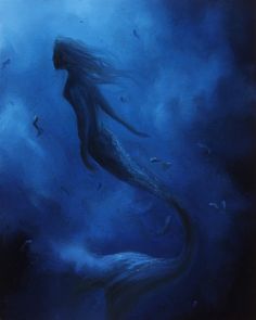 a painting of a mermaid swimming in the ocean with dark blue water and fish around her