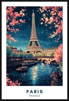 the eiffel tower in paris, france with cherry blossom trees around it and boats on the river below