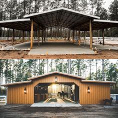 two pictures show the inside and outside of a barn