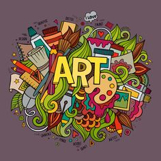 the word art is surrounded by colorful doodles and other items on a gray background