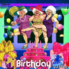 three women are sitting on top of a birthday cake with balloons and gifts around them