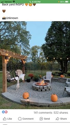 an outdoor fire pit surrounded by patio furniture and string lights, with the caption back yard inspo