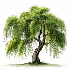 an illustration of a willow tree with green leaves