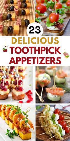 23 Easy Toothpick Appetizers and six photos of different party finger food: blt, cranberry bites, salmon bites, shrimp bites, tortellini caprese, pickles and ham Snacks On Toothpicks, Tiny Bites Appetizers, Party Finger Foods Cold, Appetizer On Toothpick, Fun Easy Appetizers Finger Foods, Appetizers Easy Finger Food Appetizer Recipes Simple, Appetizer Recipes Toothpick, Toothpick Finger Foods, Cold Appetizer Recipes Finger Foods