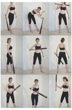 the woman is doing different poses with her baseball bat