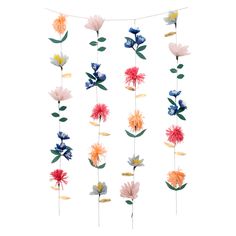 an assortment of flowers are hanging from a string on a white background, with one flower in the center